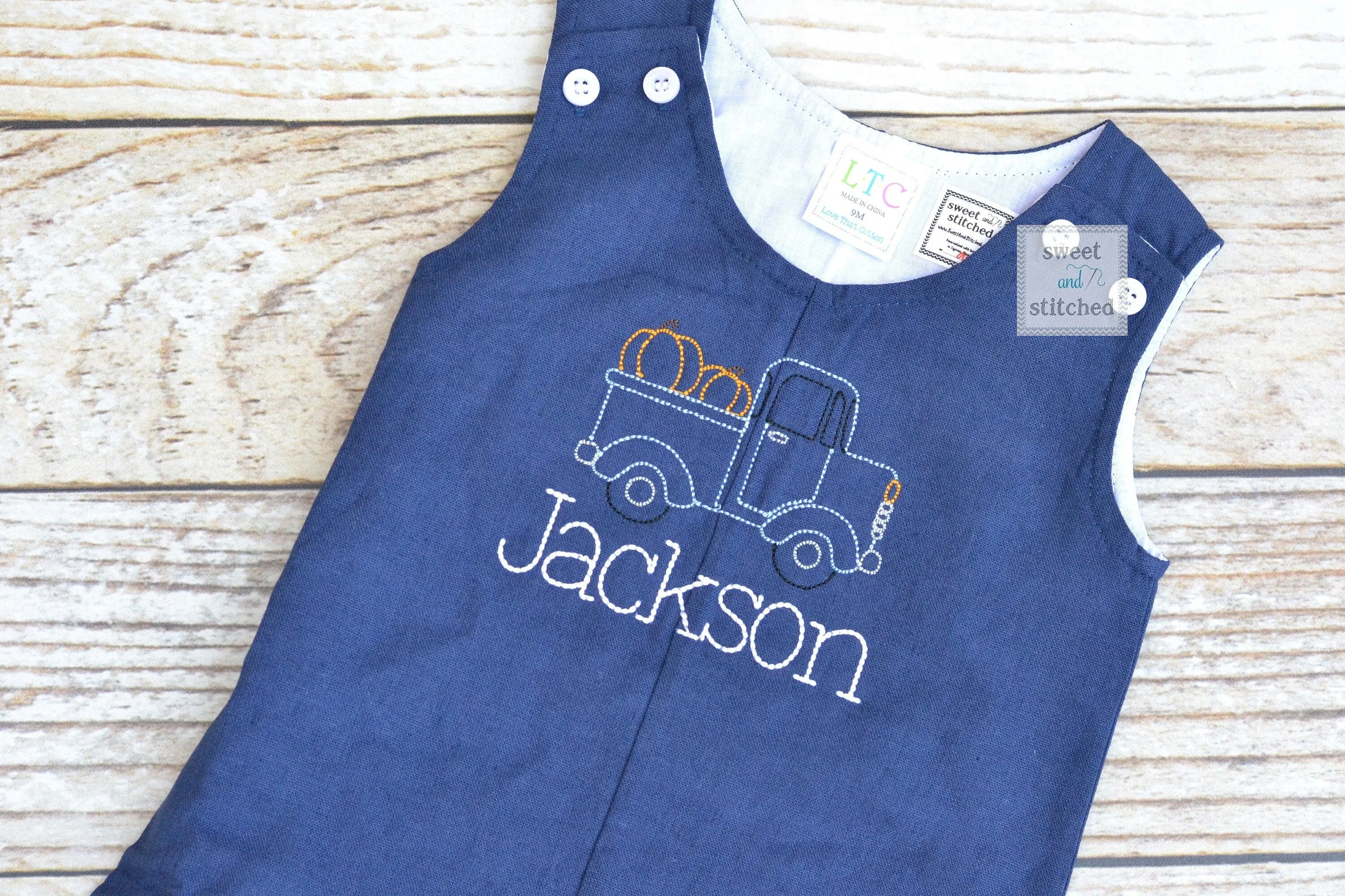 Monogrammed baby boy jon jon with pumpkin truck design, baby boy fall or thanksgiving outfit, pumpkin outfit, monogrammed jon jon