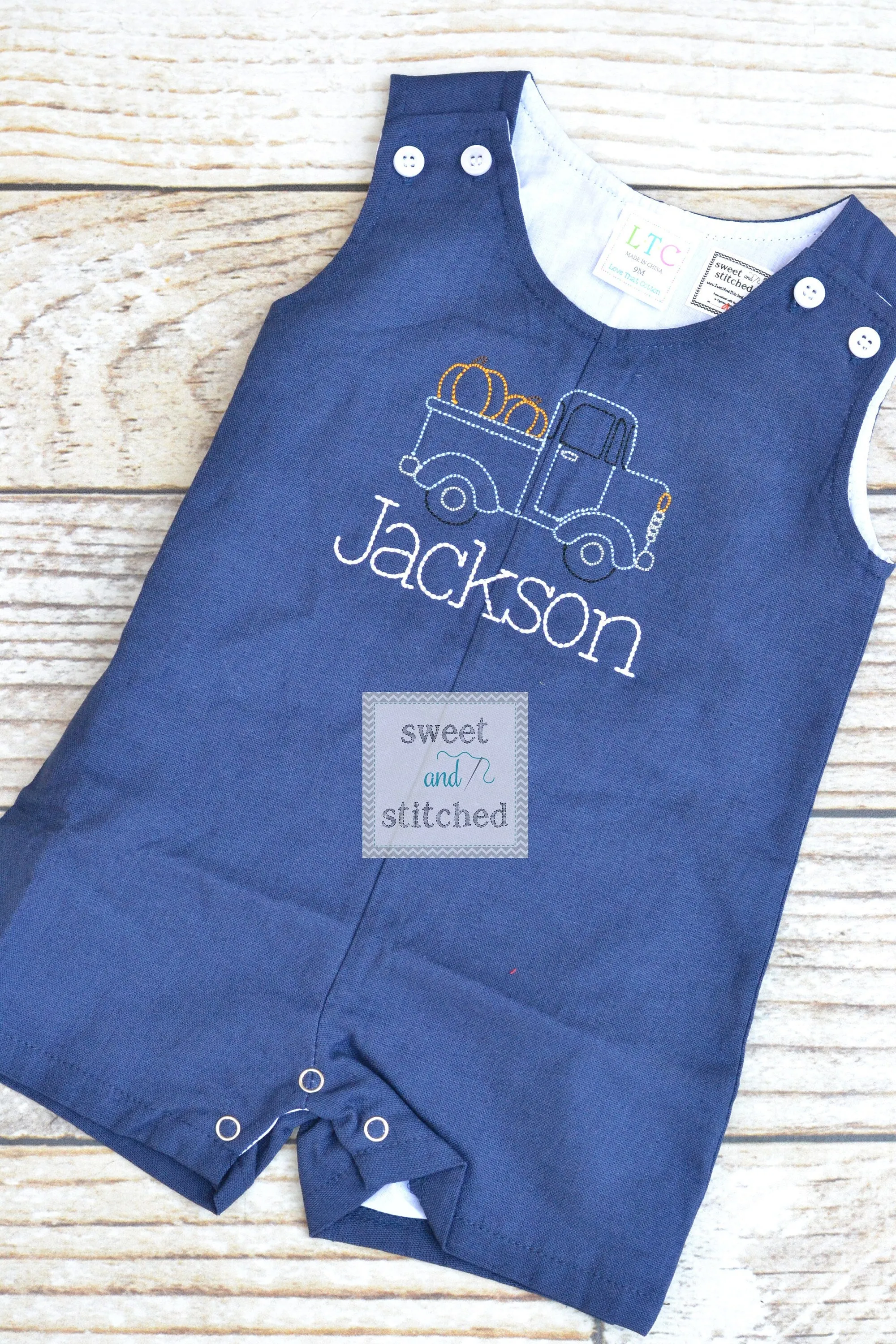 Monogrammed baby boy jon jon with pumpkin truck design, baby boy fall or thanksgiving outfit, pumpkin outfit, monogrammed jon jon