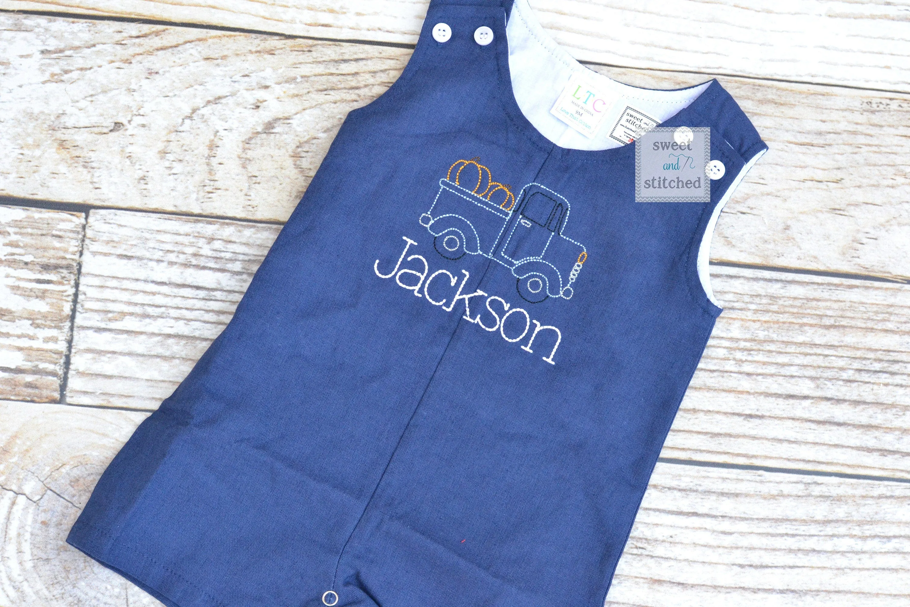 Monogrammed baby boy jon jon with pumpkin truck design, baby boy fall or thanksgiving outfit, pumpkin outfit, monogrammed jon jon