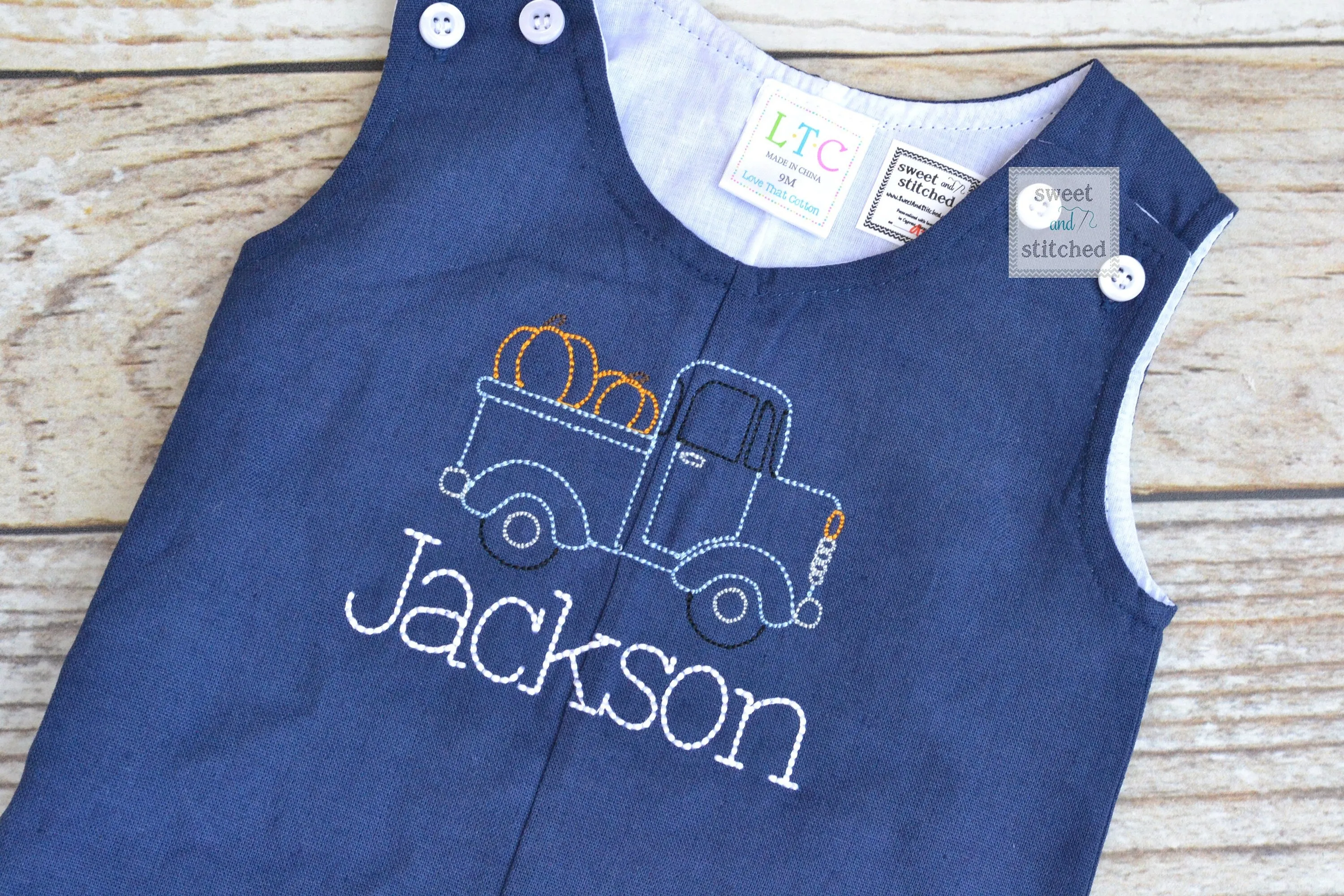 Monogrammed baby boy jon jon with pumpkin truck design, baby boy fall or thanksgiving outfit, pumpkin outfit, monogrammed jon jon