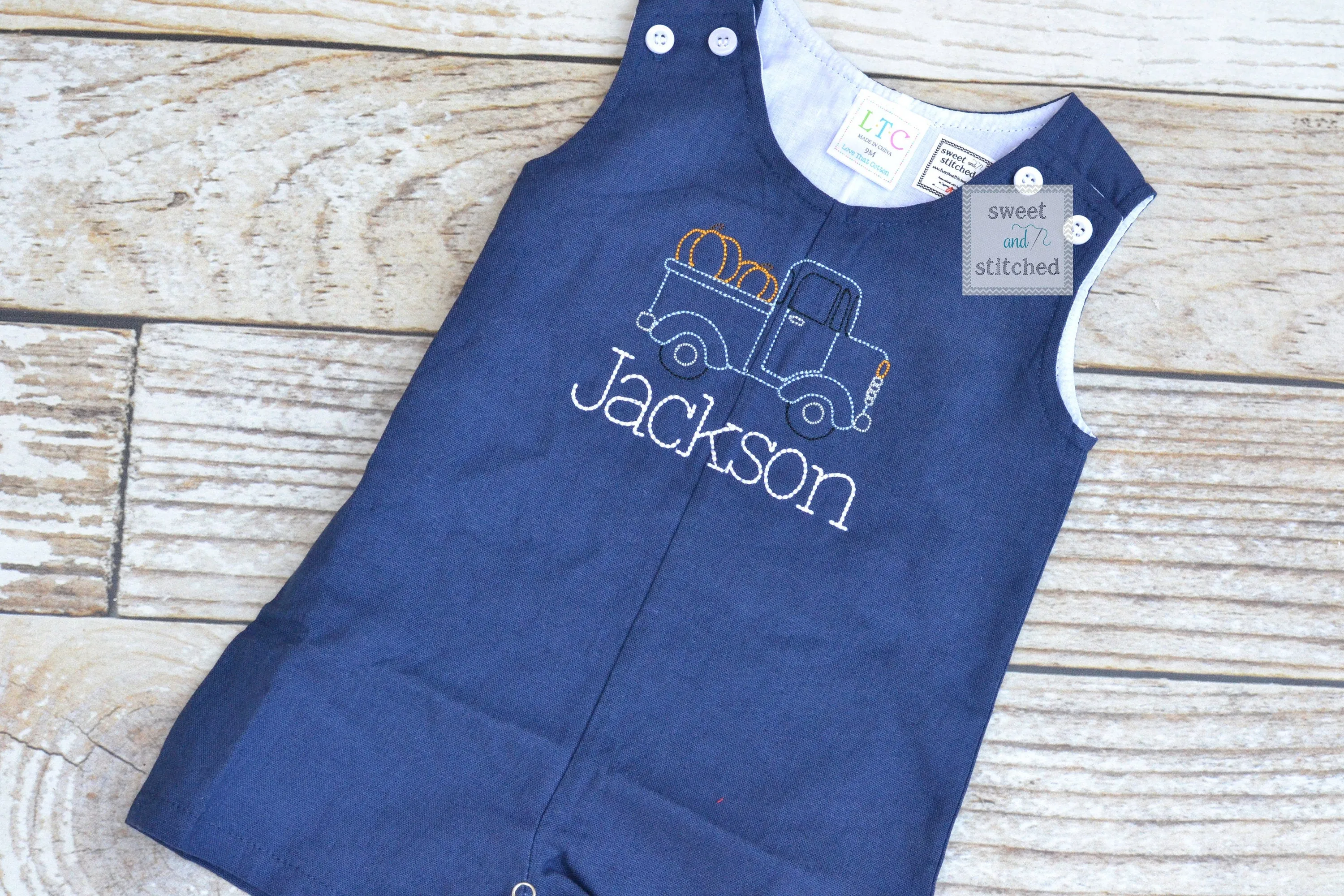 Monogrammed baby boy jon jon with pumpkin truck design, baby boy fall or thanksgiving outfit, pumpkin outfit, monogrammed jon jon