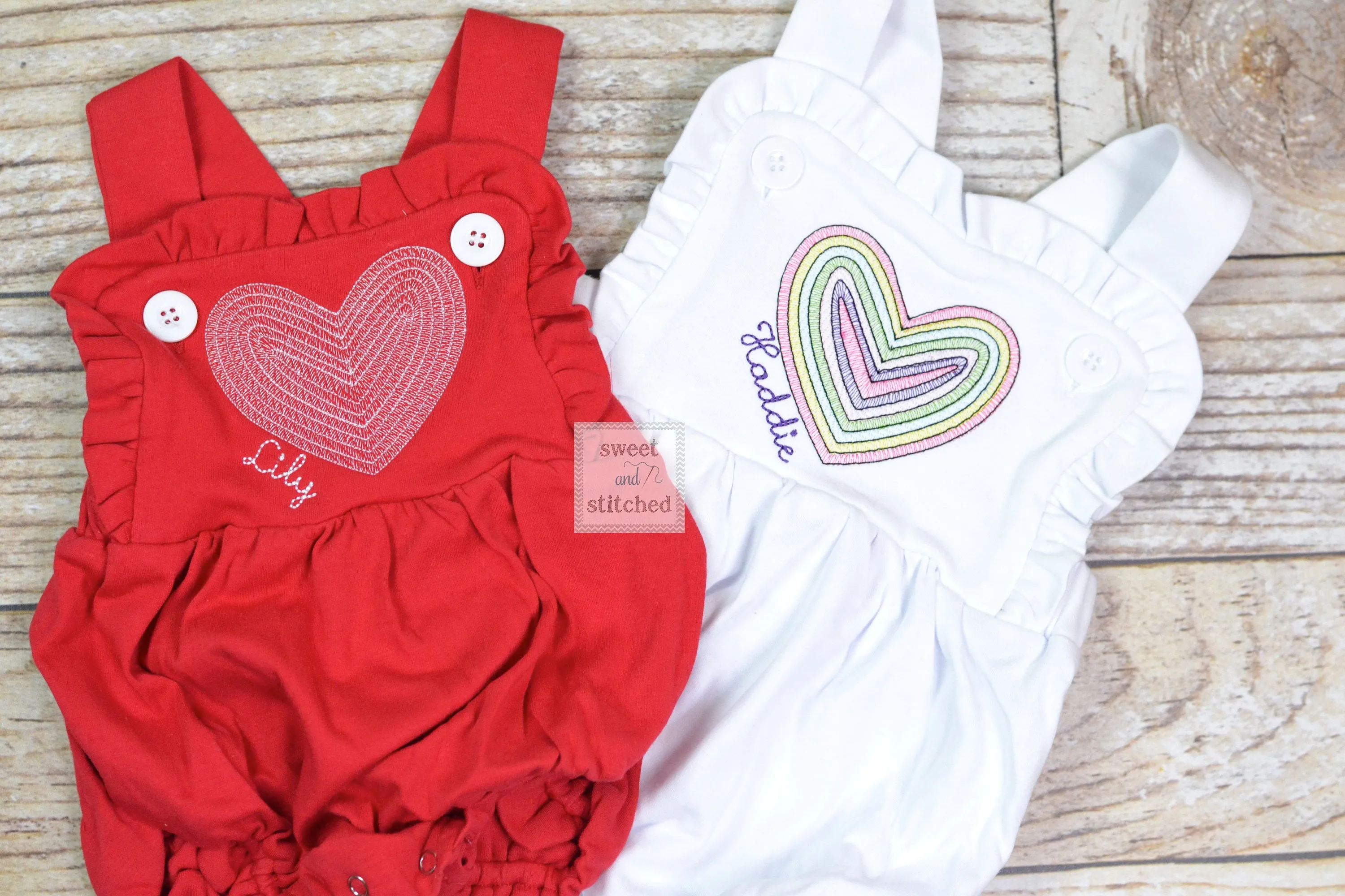 Monogrammed baby girl Valentine's outfit with vintage rainbow heart design