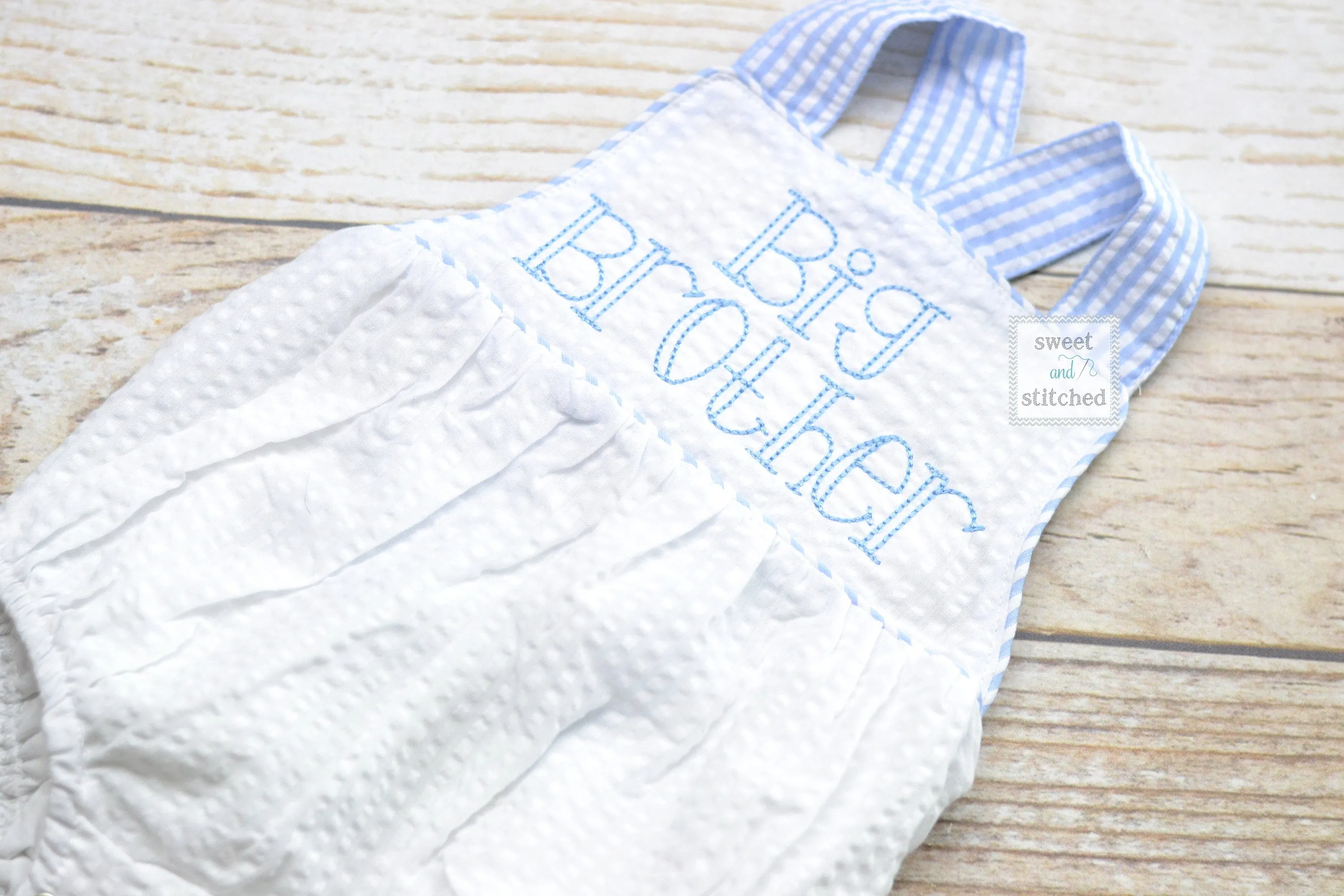 Monogrammed big brother outfit seersucker, boys cross backed bubble, boys summer romper, big brother bubble, big brother hospital outfit