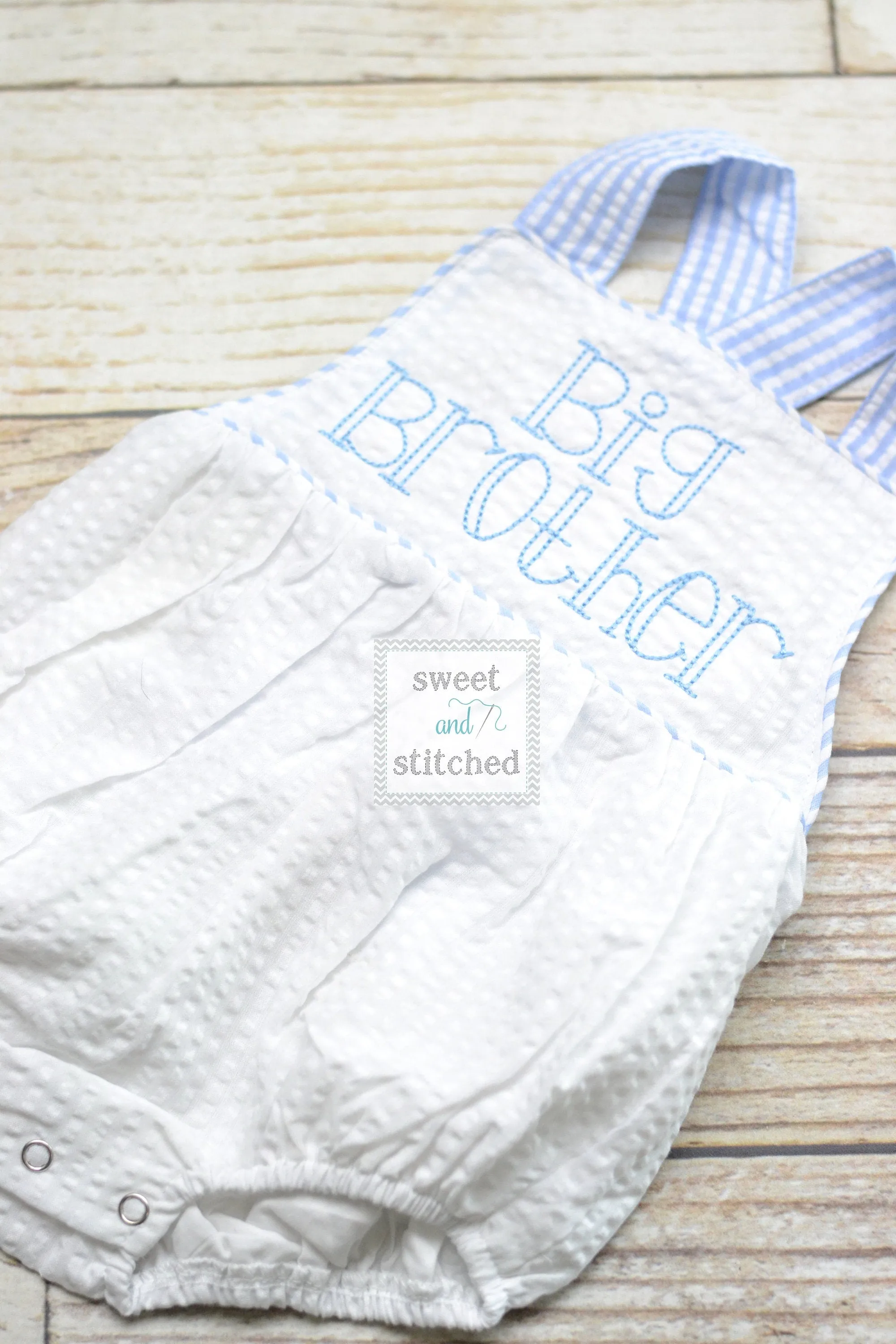 Monogrammed big brother outfit seersucker, boys cross backed bubble, boys summer romper, big brother bubble, big brother hospital outfit