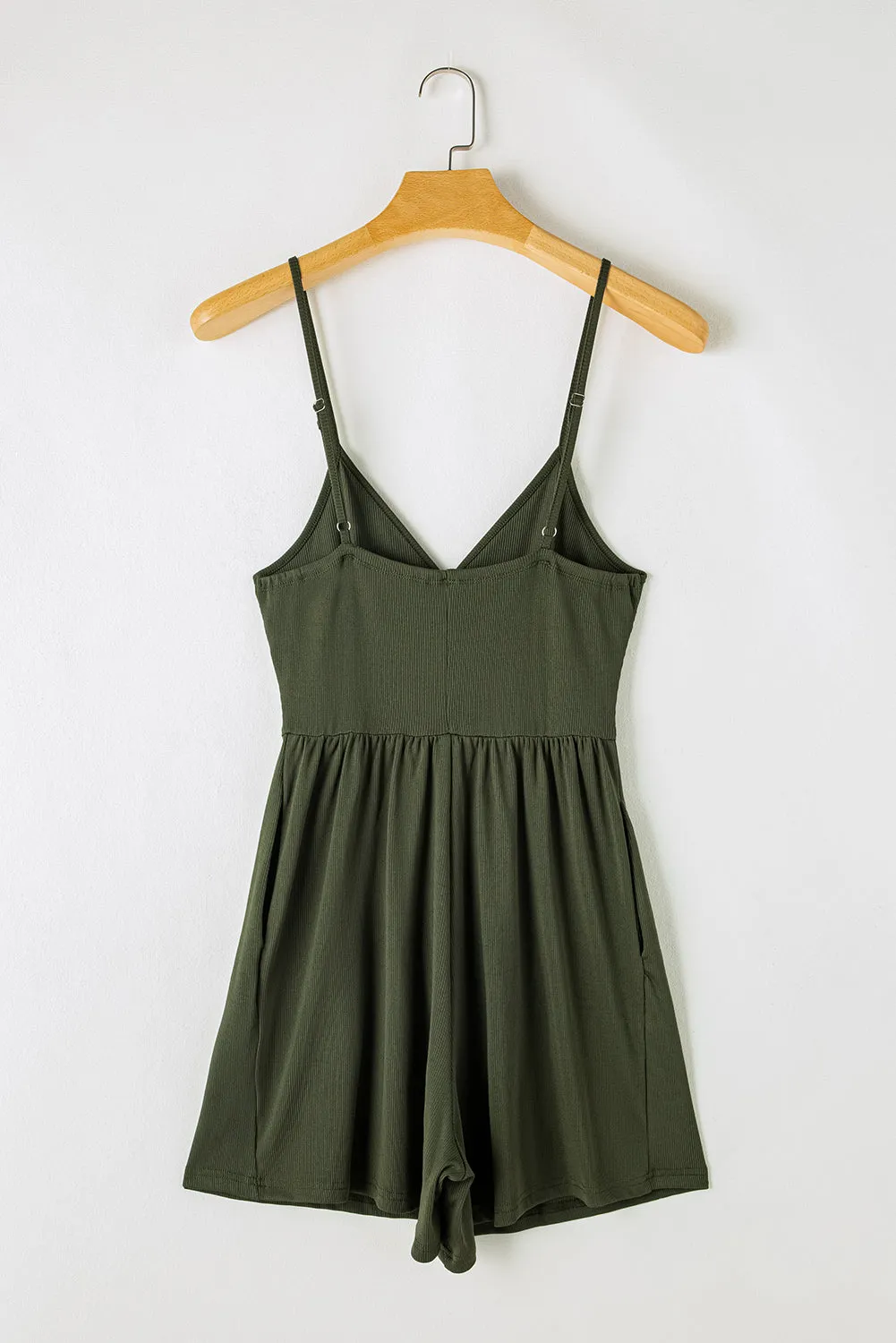 Moss Green Spaghetti Straps Cinched Waist Ribbed Romper