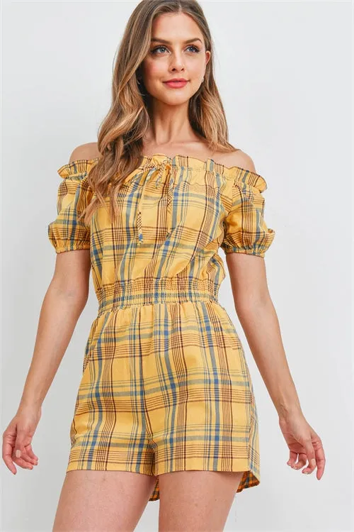 Mustard Yellow Plaid Cold Shoulder Romper