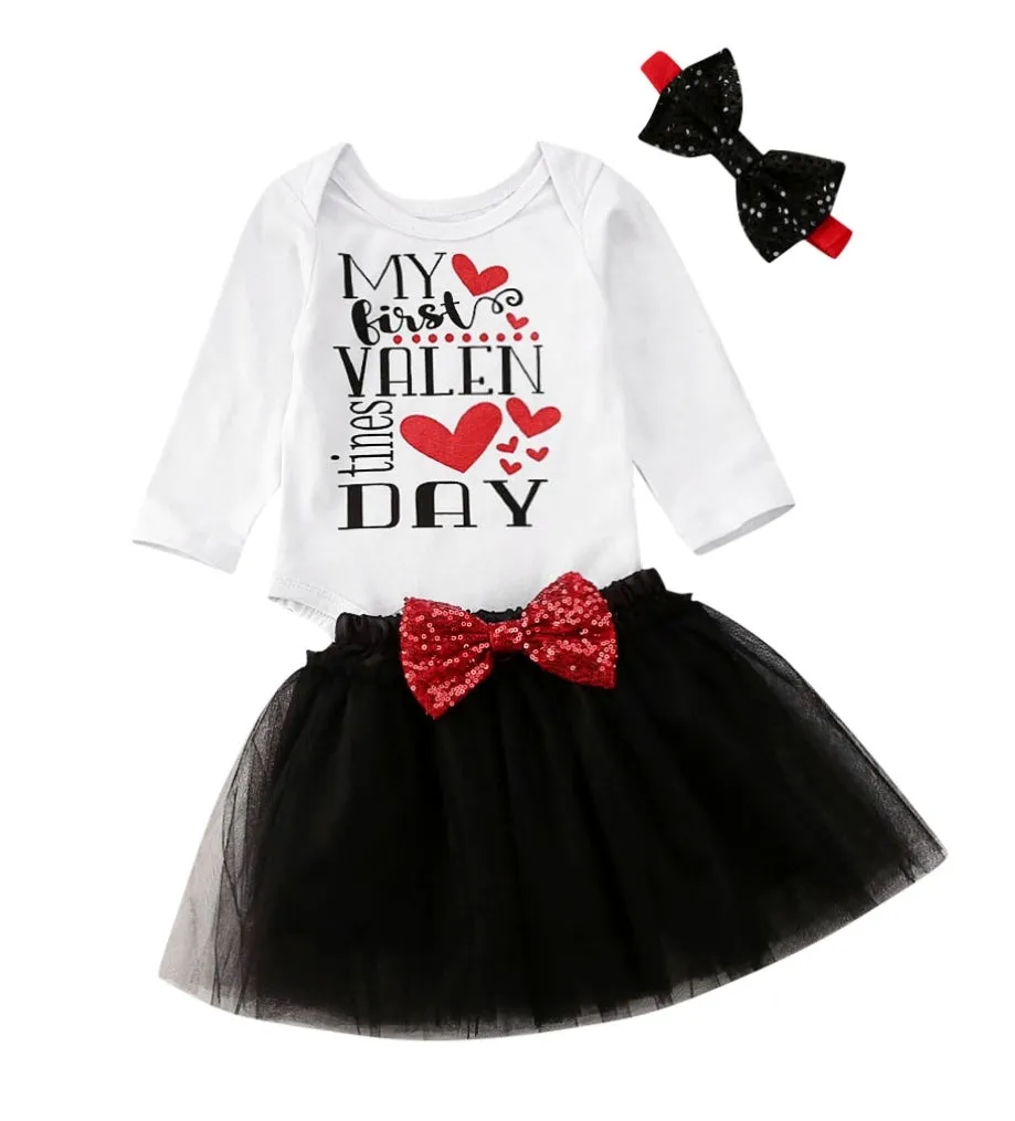 My Frist Valentines Day Romper with Black Tutu and Headband #1000867