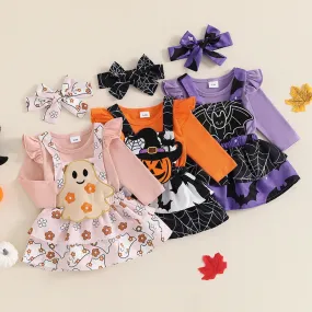 Newborn Baby Girls Halloween Clothes Sets Flying Sleeve Rompers Pumpkin/Ghost Embroidery Suspender Skirts Headband Outfits