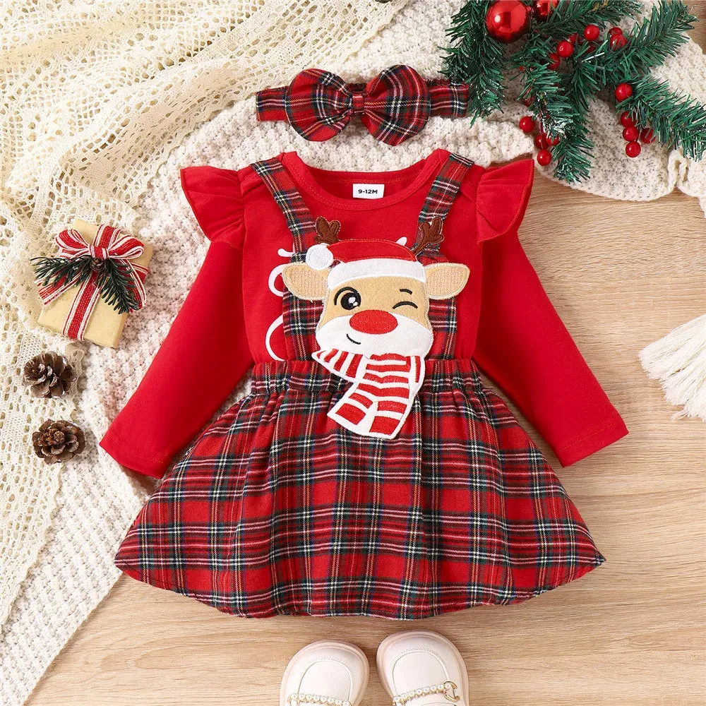 Newborn Infant Baby Girls Christmas Clothes Outfits Letter Print Romper Cartoon Deer Plaid Skirts Headwear Xmas Gifts Costume