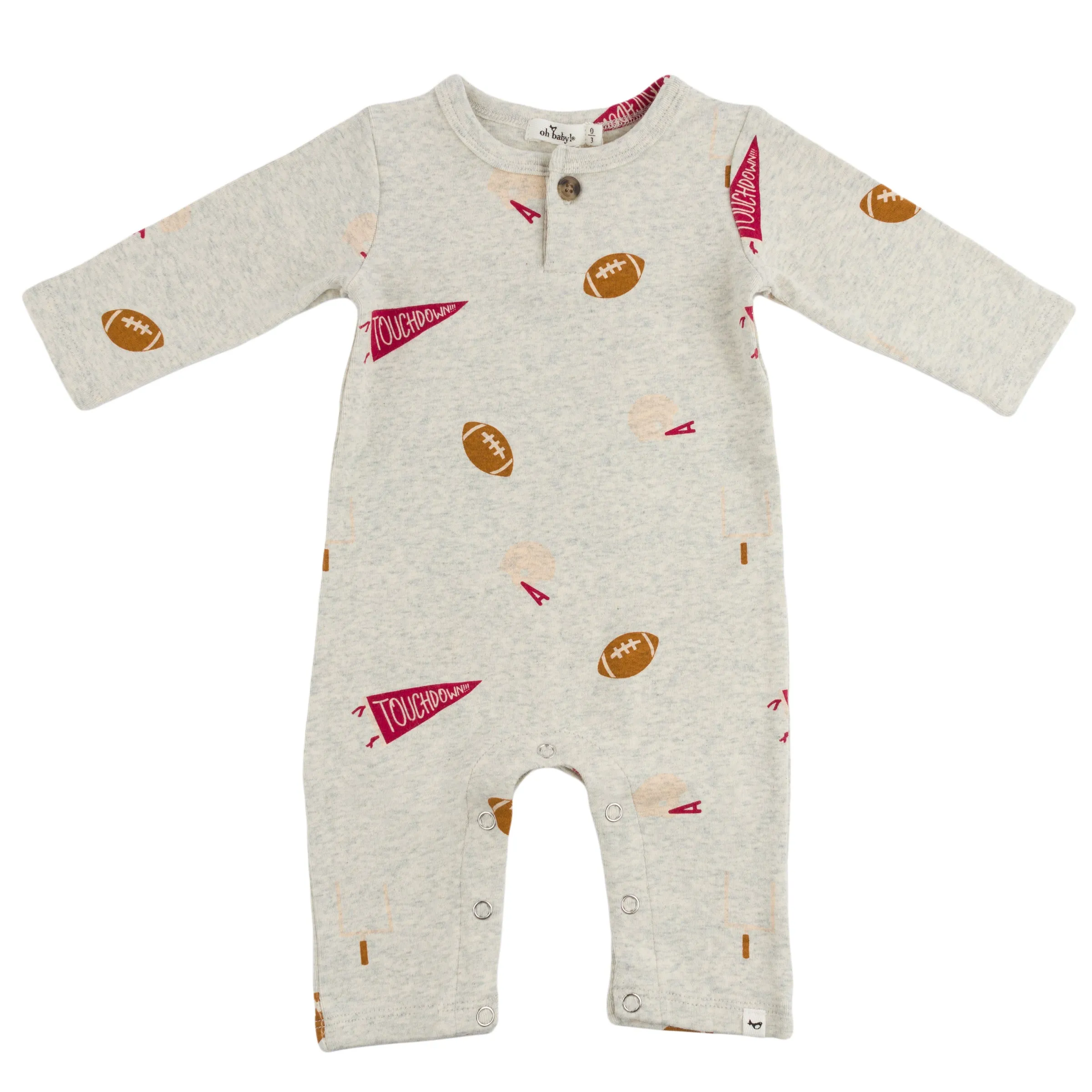 oh baby! One Button Romper - Football Print - Oatmeal Heather