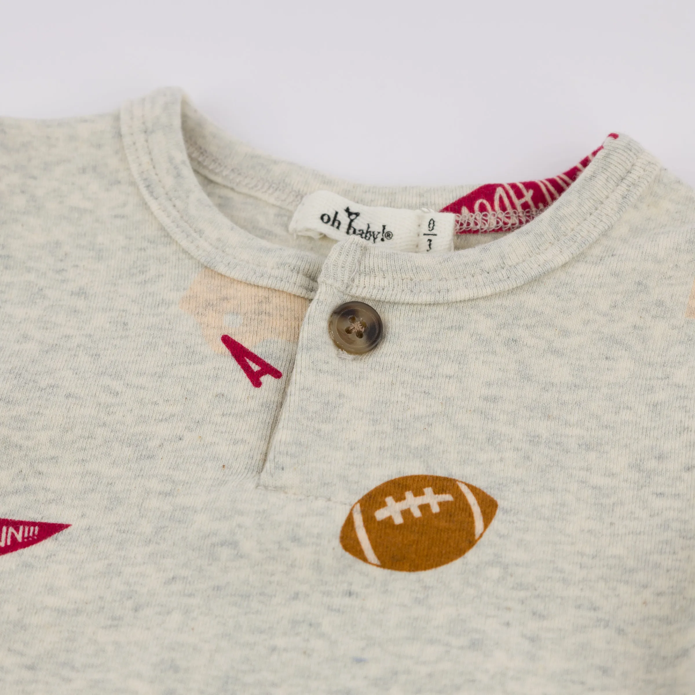 oh baby! One Button Romper - Football Print - Oatmeal Heather