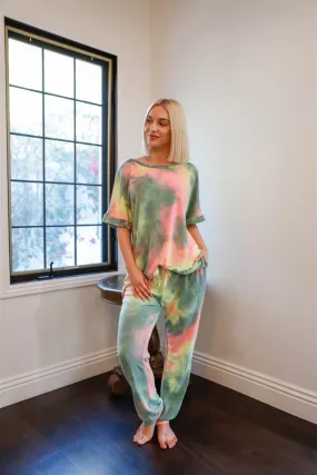 Olive Pink & Light Green Tie-Dye Short Sleeve Top & Sweatpants Set /1-1-1