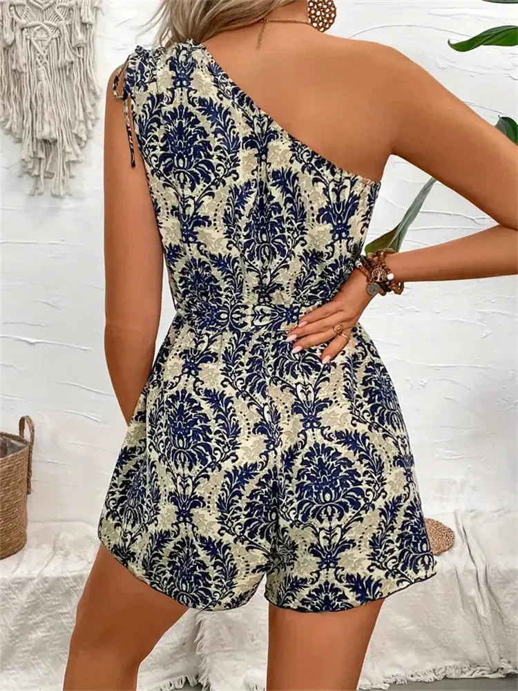 One Shoulder Boho Floral Print Rompers Tie Waist