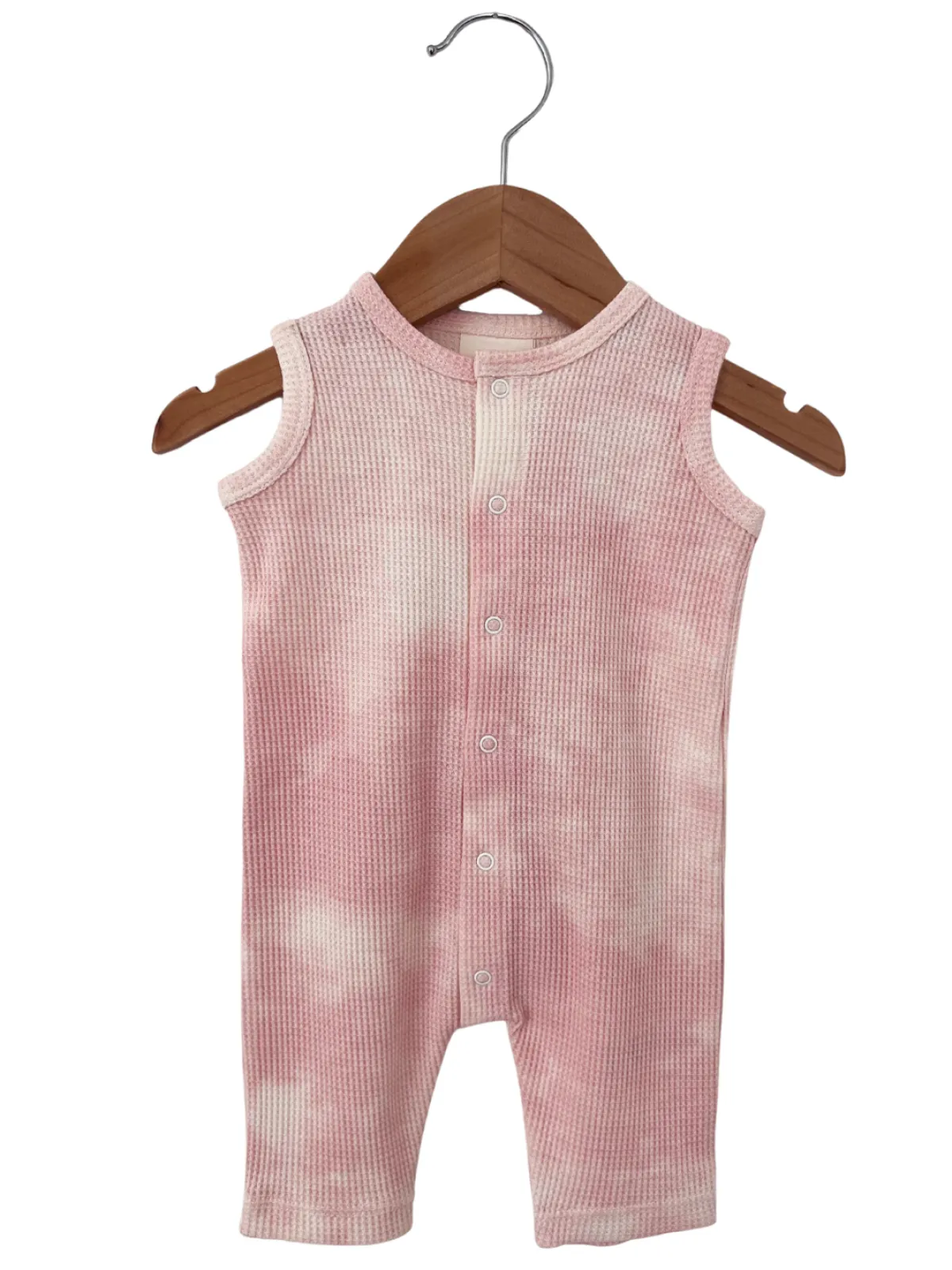 Organic Waffle Easy Romper, Ballet Pink Tie Dye