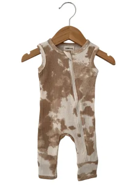 Organic Waffle Sleeveless Zip Romper, Almond Tie Dye