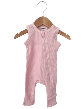 Organic Waffle Sleeveless Zip Romper, Blush