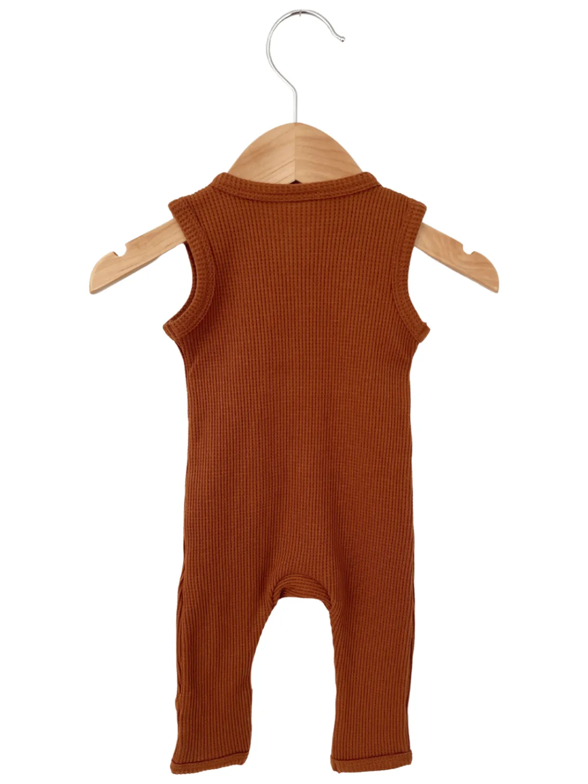 Organic Waffle Sleeveless Zip Romper, Caramel