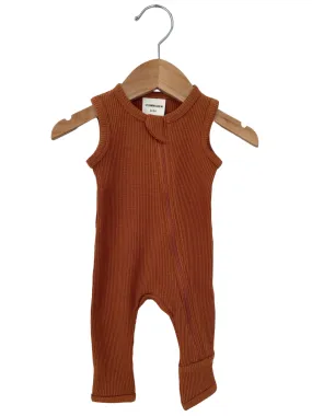 Organic Waffle Sleeveless Zip Romper, Caramel