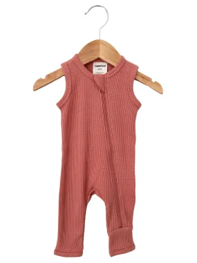 Organic Waffle Sleeveless Zip Romper, Dusty Rose