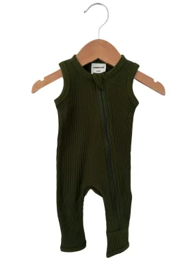 Organic Waffle Sleeveless Zip Romper, Forest