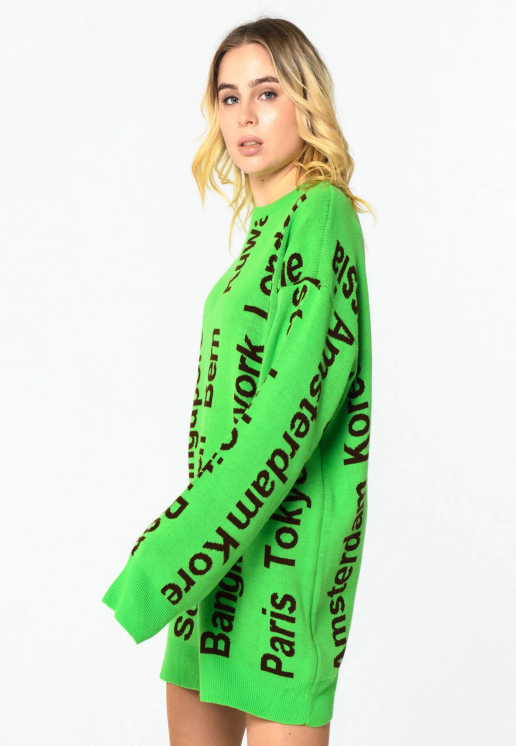 Oversized City Print Knit Sweater - Green