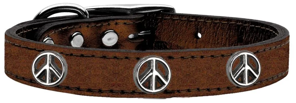 Peace Sign Widget Genuine Metallic Leather Dog Collar Bronze 18