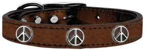 Peace Sign Widget Genuine Metallic Leather Dog Collar Bronze 18