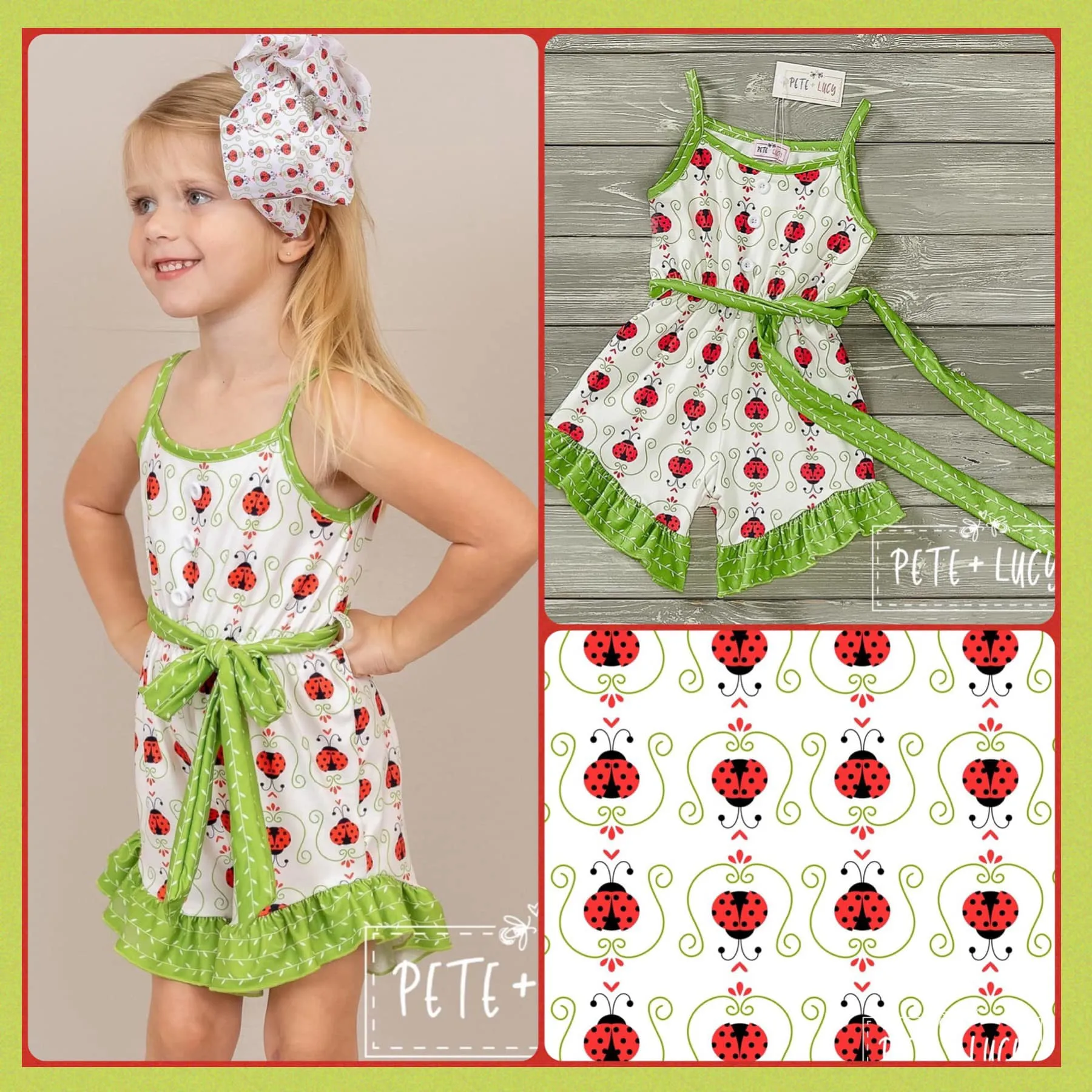 PETE   LUCY Lucky Ladybug Red Green Ruffle Shortie Jumpsuit Romper