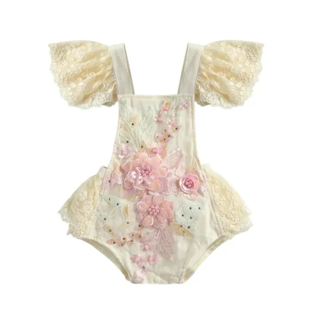 Pink Floral Embroidered Lace Romper #1001158