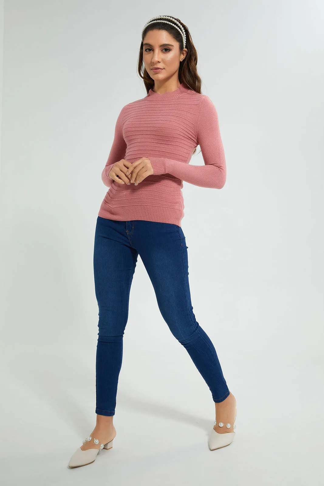 Pink Striped Half Collar Pullover