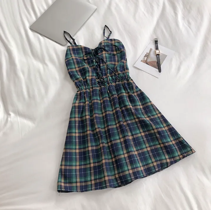 Plaid Romper Dress With Elastic Waist