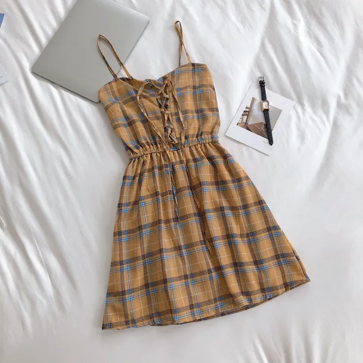 Plaid Romper Dress With Elastic Waist