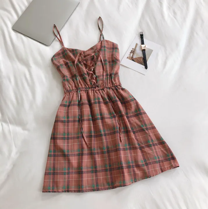 Plaid Romper Dress With Elastic Waist