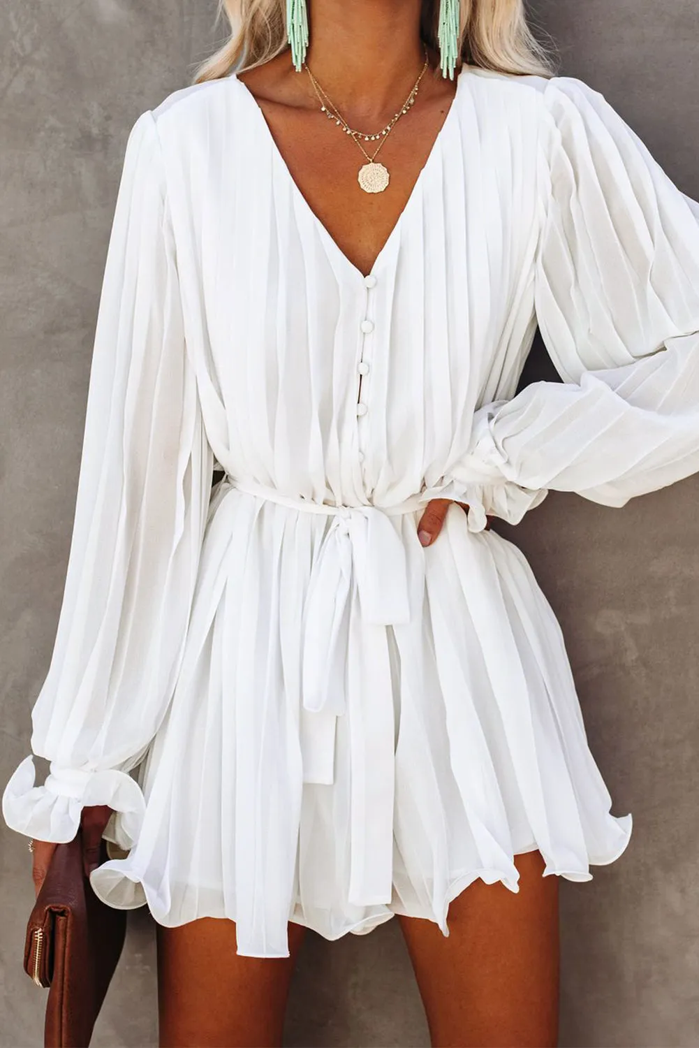 Pleated Ruffled Tie Waist Buttons V Neck Romper