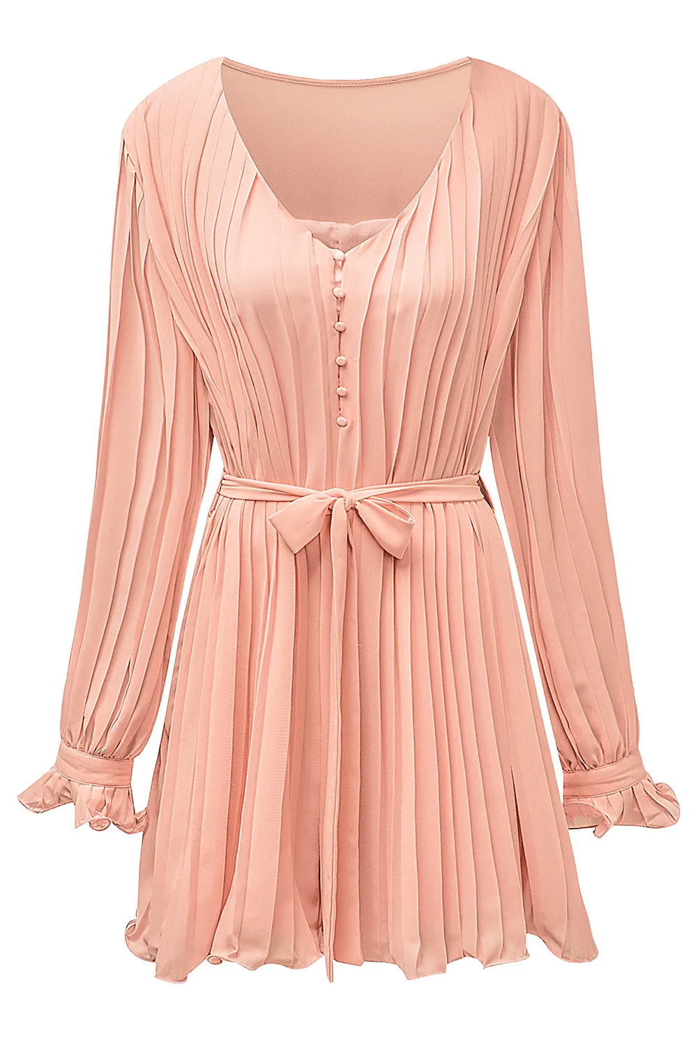 Pleated Ruffled Tie Waist Buttons V Neck Romper