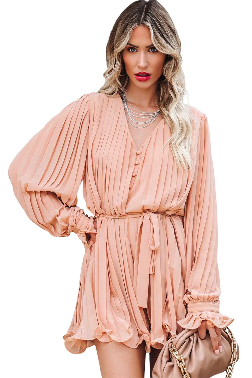 Pleated Ruffled Tie Waist Buttons V Neck Romper