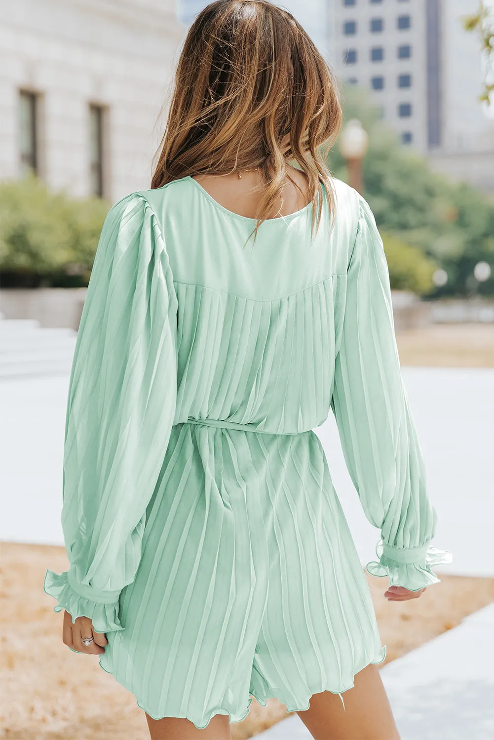 Pleated Ruffled Tie Waist Buttons V Neck Romper