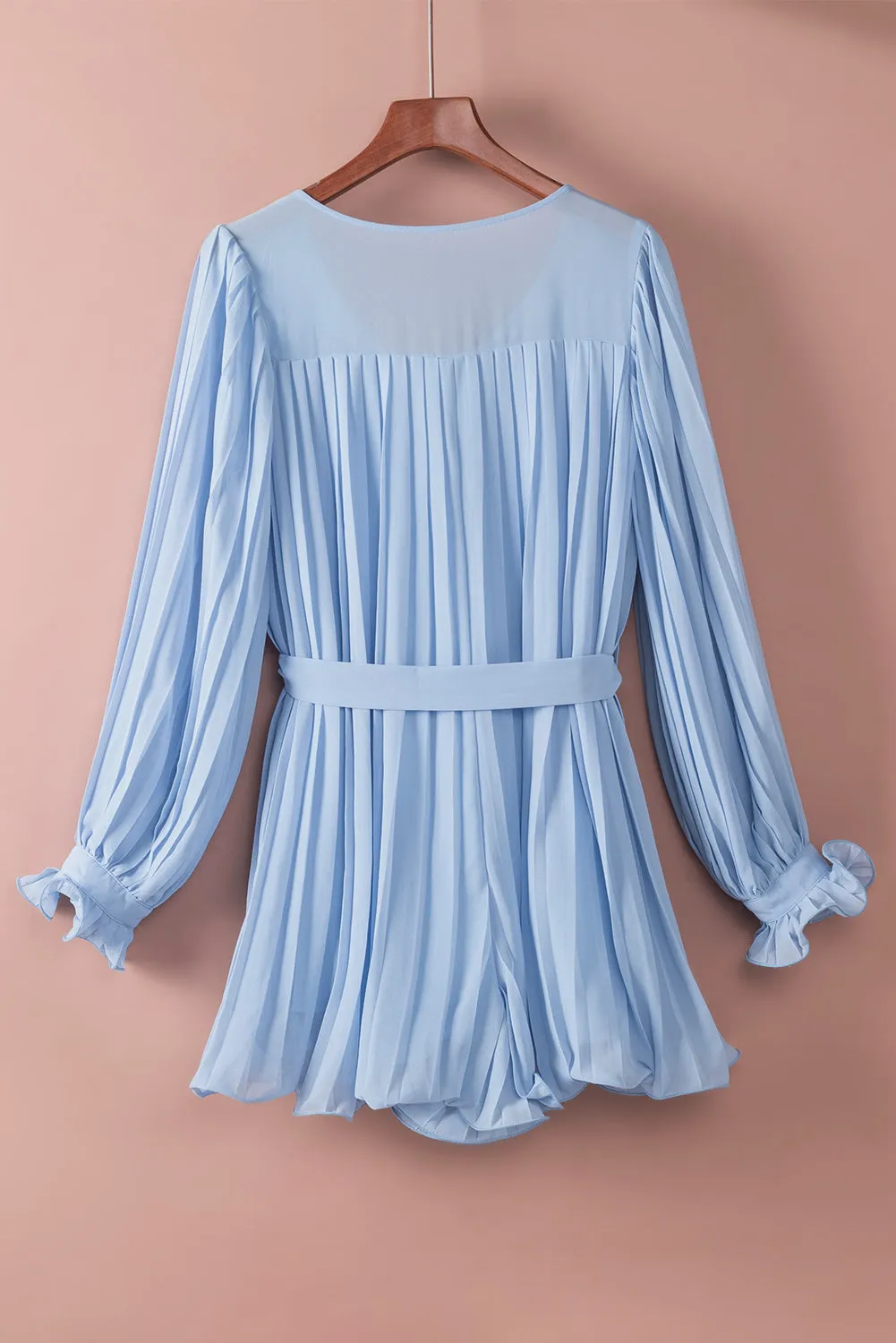 Pleated Ruffled Tie Waist Buttons V Neck Romper