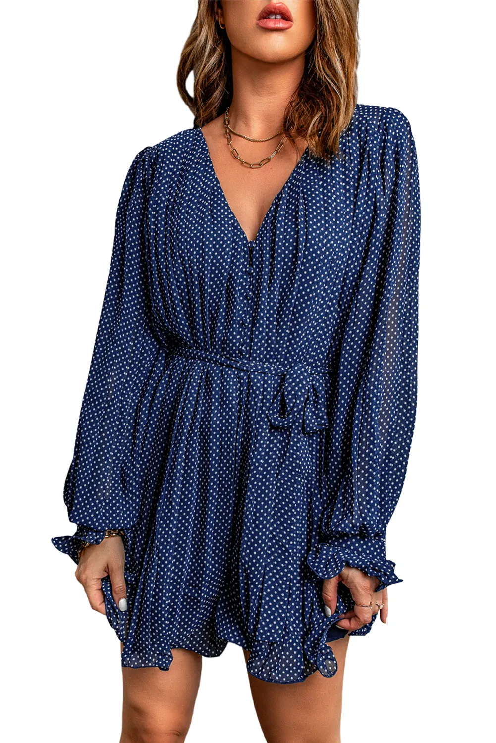 Pleated Ruffled Tie Waist Buttons V Neck Romper