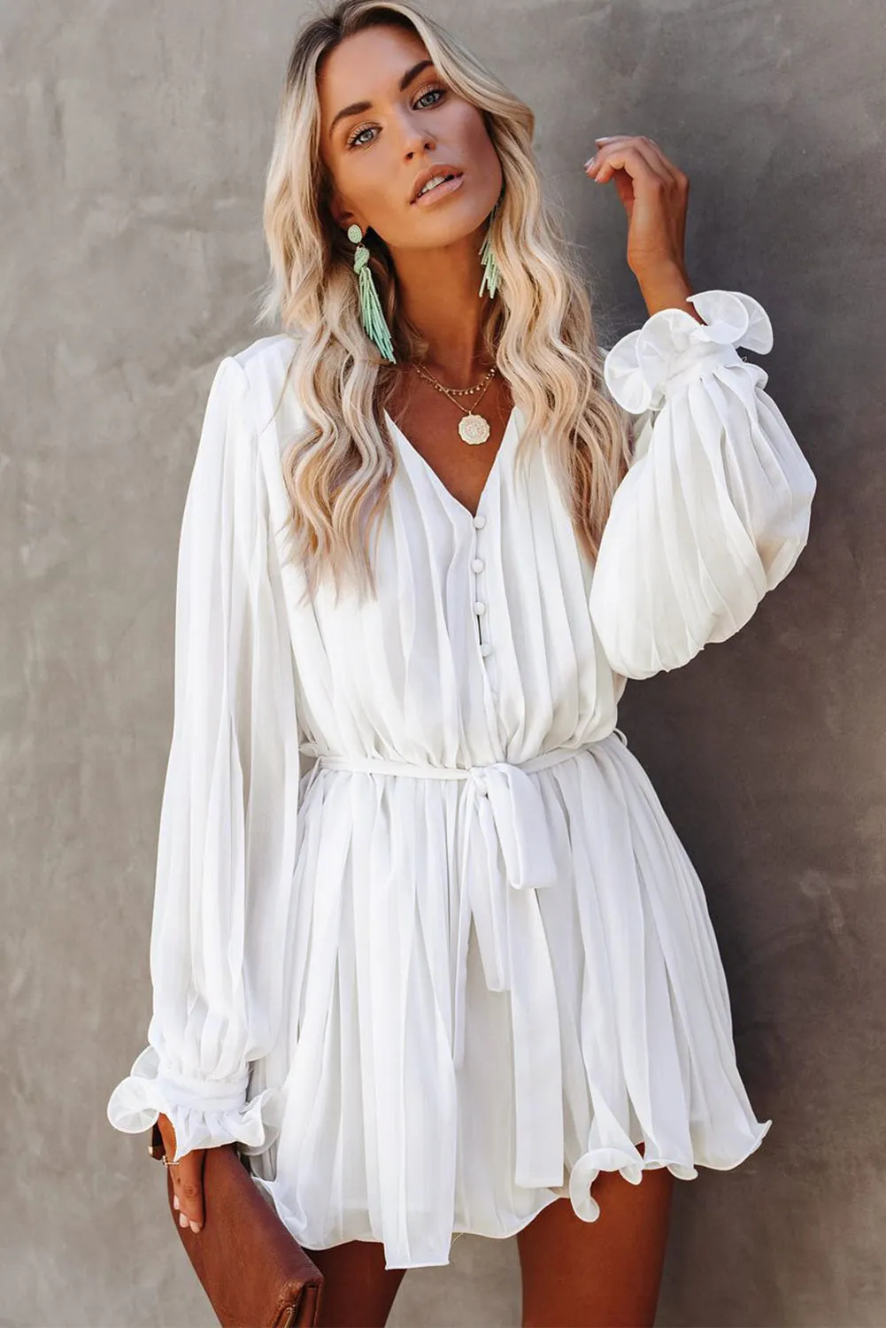 Pleated Ruffled Tie Waist Buttons V Neck Romper