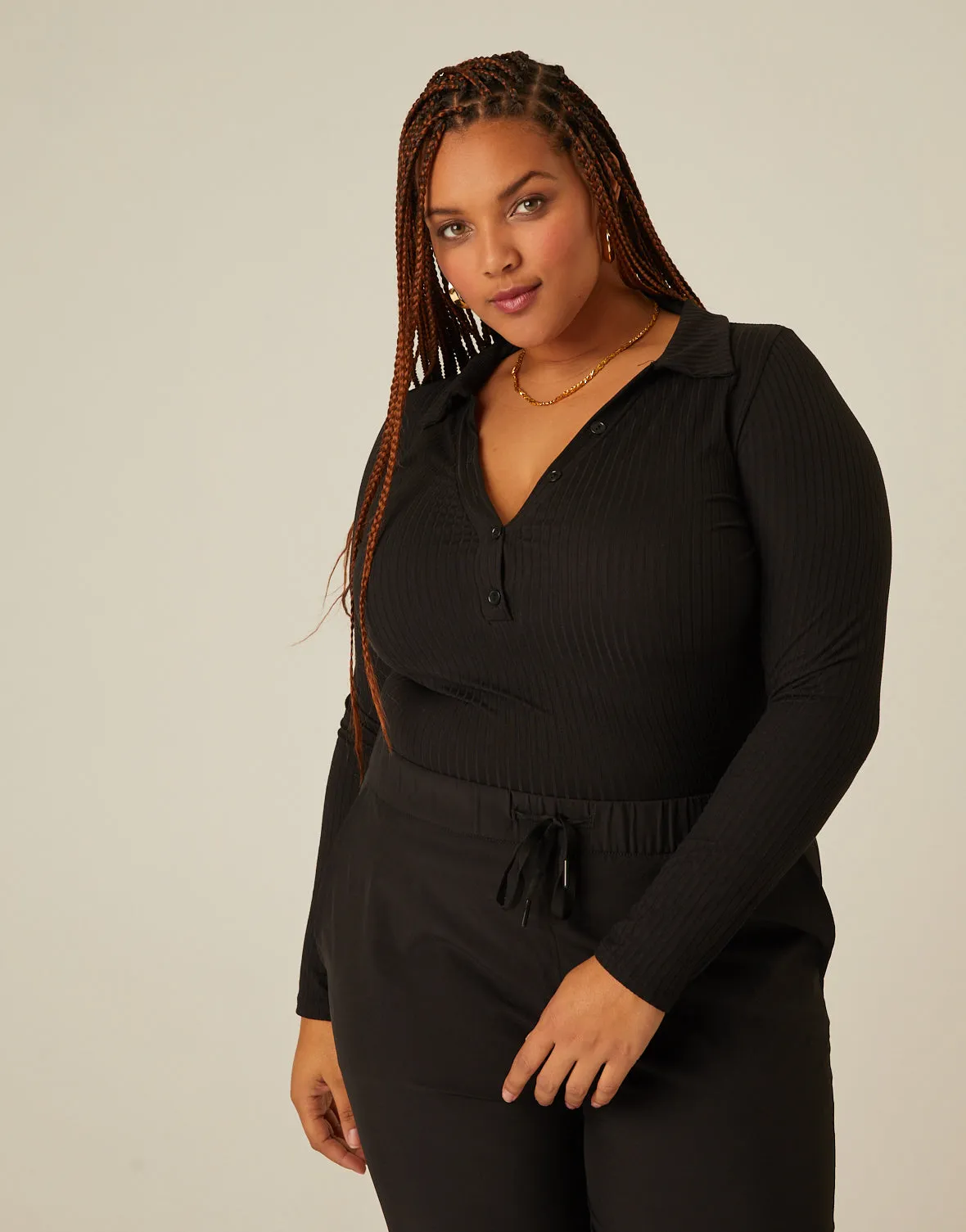 Plus Size Half Button Long Sleeve Top