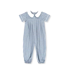 Precious Pleated Romper - Stone Blue Check