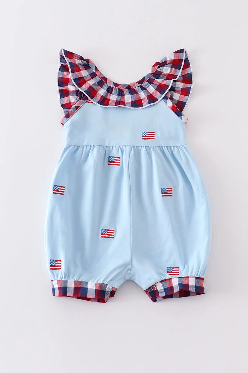 Premium Blue patriotic flag embroidery girl romper