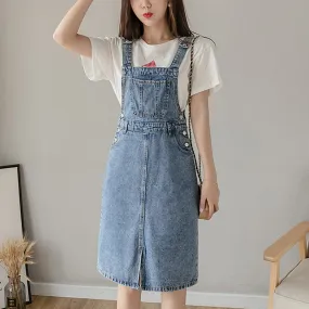 Preppy Knee-Length Denim Overall Dress