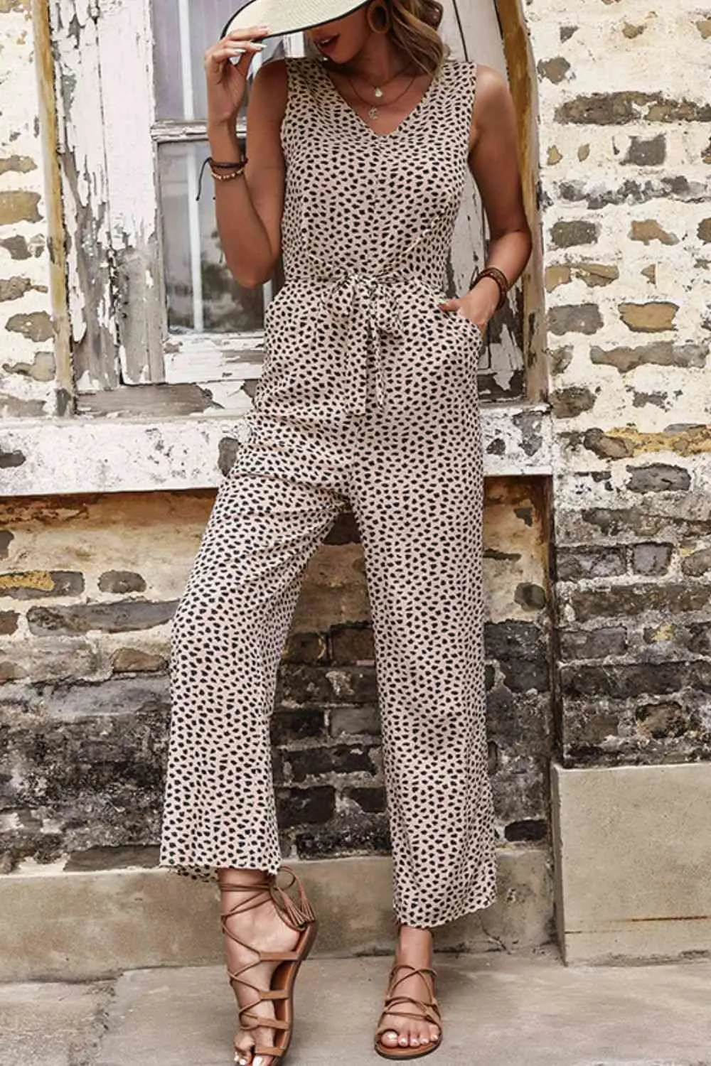 Printed Tie Front Sleeveless Jumpsuit