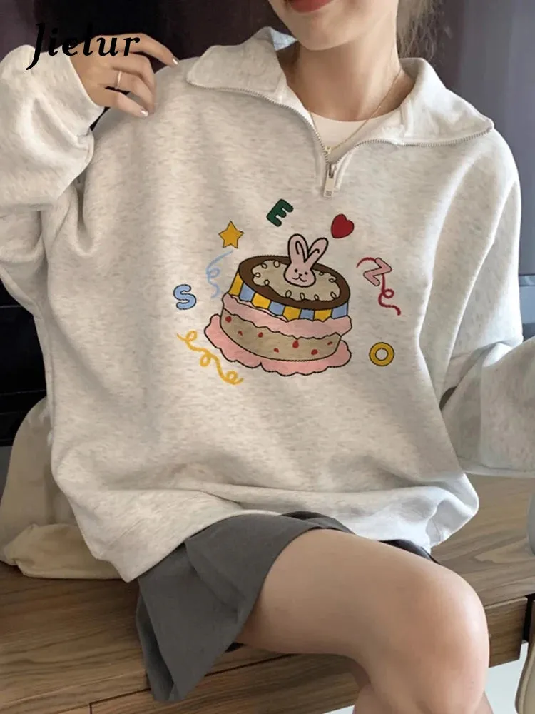 Printing Polo Neck Simple Women's Hoodies Chic Zipper Loose Casual Winter Fashion Female Sweatshirt Spell Color Pullovers