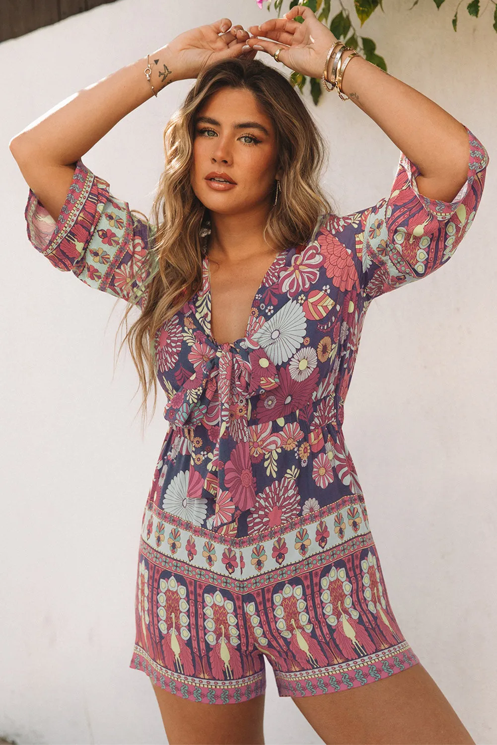 Purple Vintage Printed 3/4 Sleeves V Neck Romper