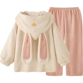 Rabbit Ears White Pink Winter Top & Pants Pajamas Sleepwear Set