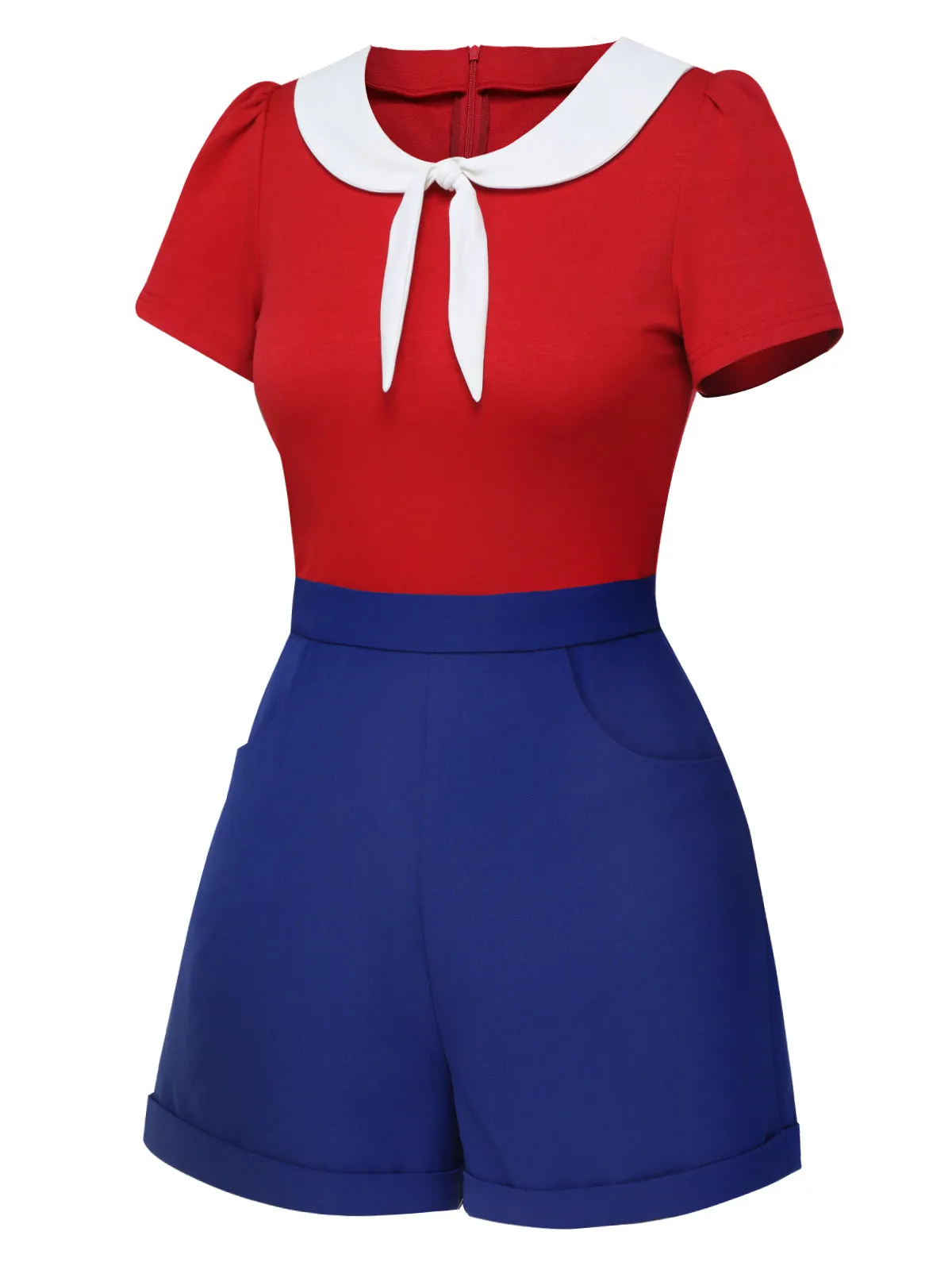 Red & Blue 1950s Solid Tie Romper