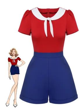 Red & Blue 1950s Solid Tie Romper